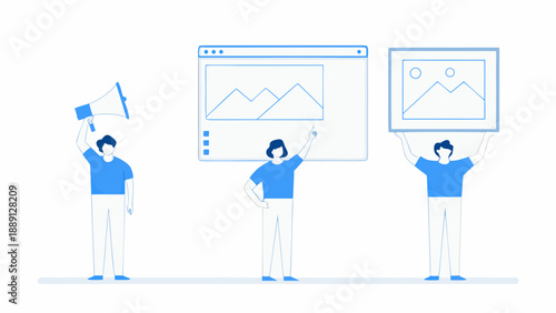 People promoting content with digital screens and a megaphone illustration