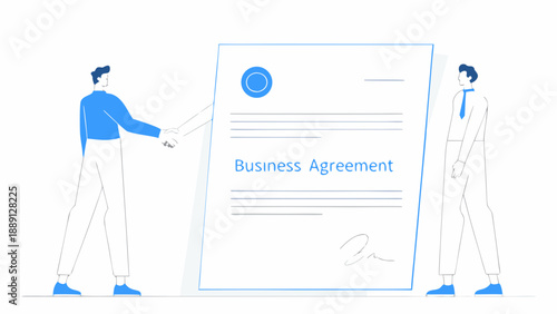 Two figures shaking hands over a large business agreement document