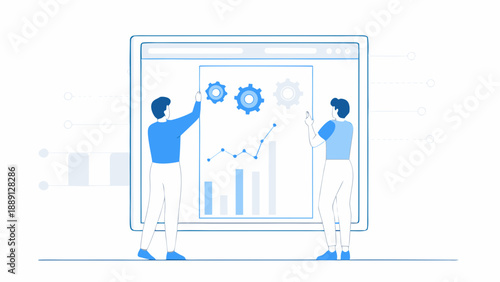 Two people collaborating on data analysis and system optimization within a screen