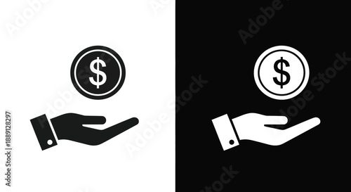 A black and white illustration depicts a hand offering a coin with a dollar sign on it