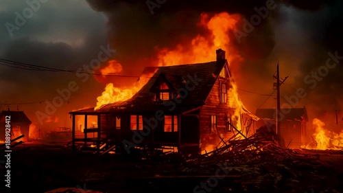 Wallpaper Mural Abandoned wooden house engulfed in intense flames at night, dramatic wildfire destruction scene with smoke, embers, and extreme heat Torontodigital.ca