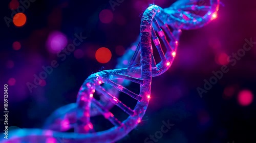 Wallpaper Mural Glowing DNA double helix with neon particles, molecular genetics structure, scientific research visualization in vibrant purple light Torontodigital.ca