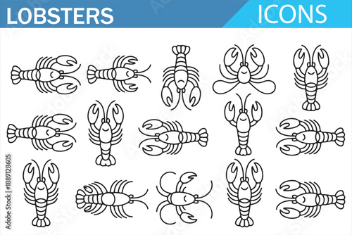 Seafood and Marine Lobster Line Icons Isolated on White