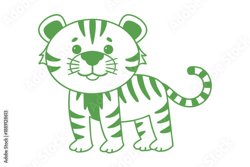 Green tiger outlined cartoon standing and looking forward with a happy face