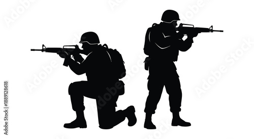 Two soldiers in combat positions armed with rifles depicted as a striking silhouette