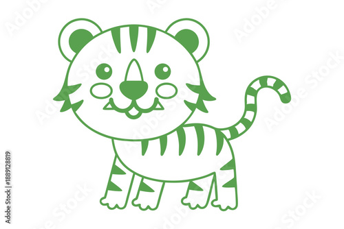 Adorable green outline of a tiger standing cheerfully shows its cute face design