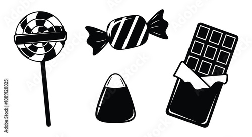 Sweet treats including a lollipop candy chocolate bar and cone silhouette