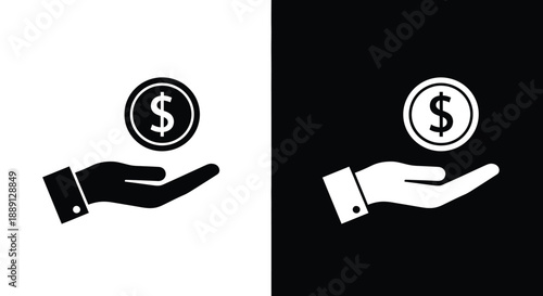 A black and white depiction of a hand holding a dollar coin symbolizing financial support or offering