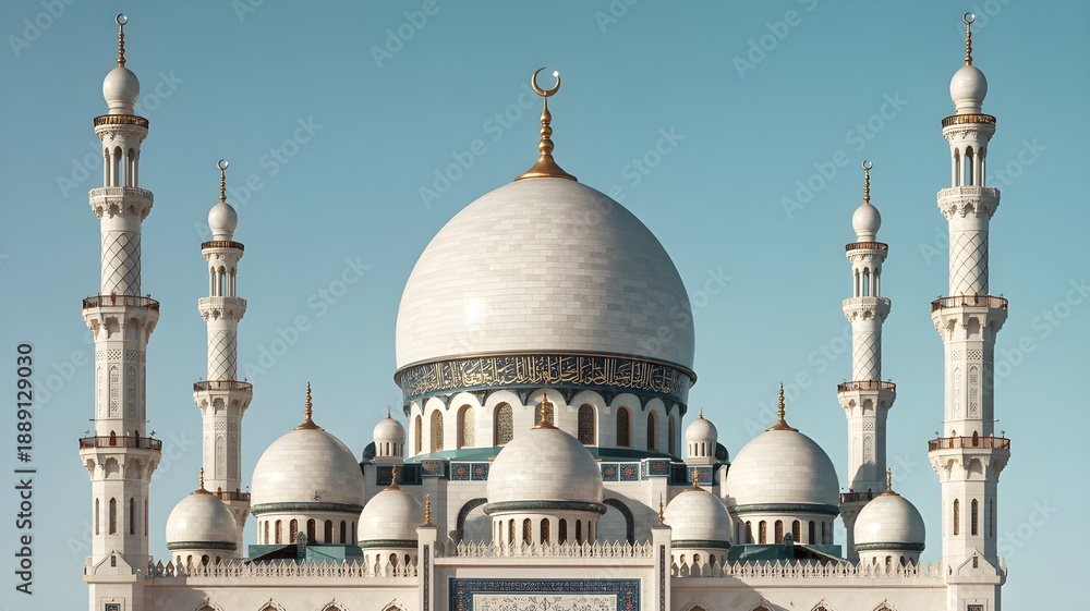 Fototapeta premium Islamic mosque architecture with white domes and minarets