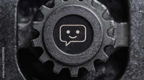 A photo of multiple large and small gears with a smiling chatbot icon on them...