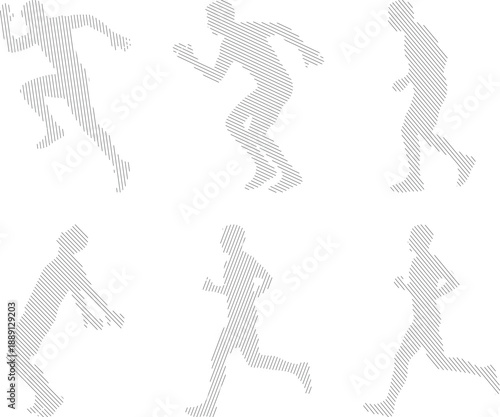 Vector set of six isolated male runner silhouettes in various dynamic poses, featuring a subtle halftone dot pattern on a transparent background.