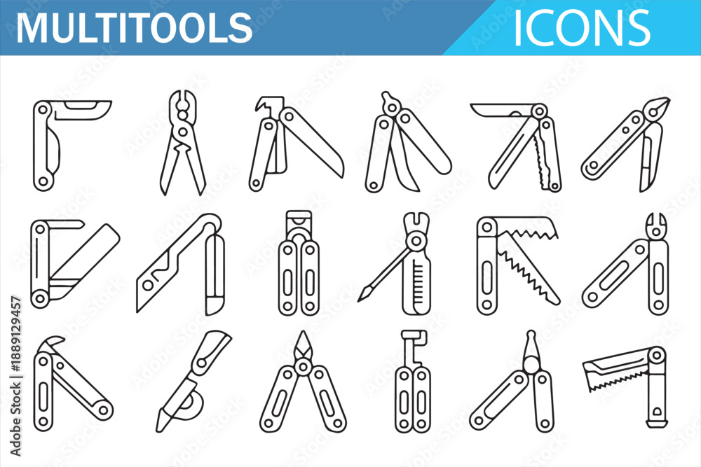 Obraz premium Black Outline Multitool Icons for Hardware and Mechanical Tools