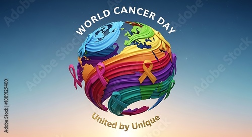 Vibrant world cancer day globe emblem with diverse ribbon elements and unity theme