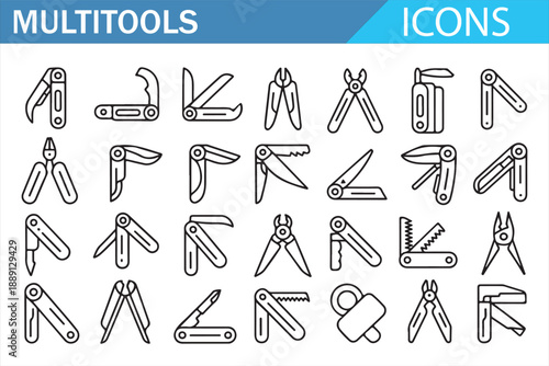 Portable Multitool Line Icons Set for Camping and Survival