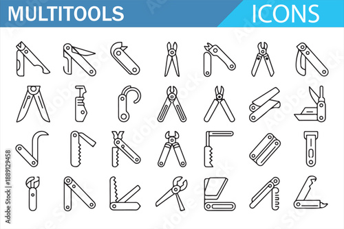 Folding Multitool Line Icons Collection for Industrial and Utility Use