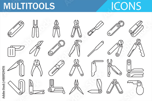 Multitool Icons Set in Outline Style for Repair and DIY Projects