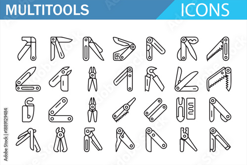 Multitool icons set in black outline style featuring folding tools, pliers, knives and screwdrivers for repair, DIY, camping, survival, hardware and mechanical tool concepts