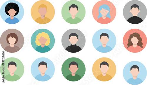Diverse collection of fifteen flat avatar with varied hairstyles and clothing profile