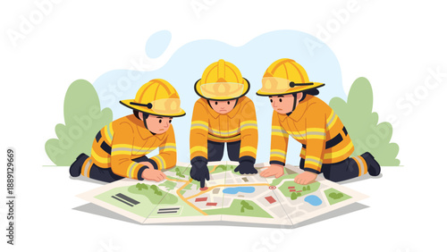 Three firefighters in yellow helmets and uniforms intently studying a map on the ground, signifying teamwork, strategy, planning, emergency response, and coordination ...