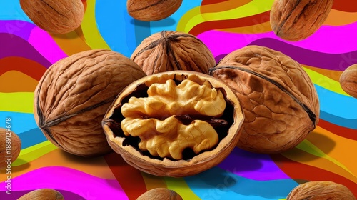 Vibrant Walnuts on Colorful Psychedelic Background