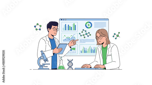 Two scientists in lab coats and glasses analyzing data on a computer screen with charts and molecular structures, showcasing research, development, and scientific coll...