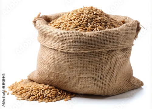 A rustic burlap sack filled to the brim with golden wheat grains, spilling onto a clean white background.
