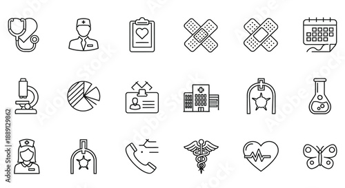 A collection of medical icons depicting healthcare tools equipment and symbols representing various health professions