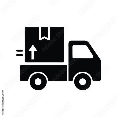 Black delivery truck transports a labeled box swiftly, suggesting prompt distribution and shipment