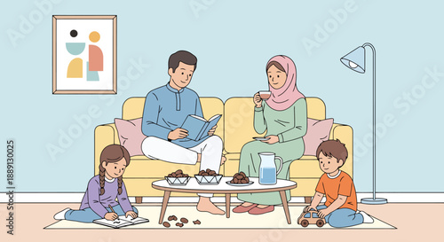 Multigenerational Muslim Family Relaxing Together Indoors on Sofa and Floor Enjoying Quiet Leisure Time