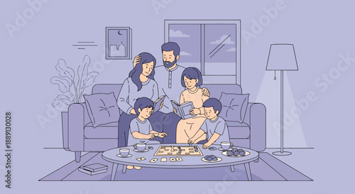 Family Enjoying Indoor Activity Together on Sofa With Living Room Scene and Coffee Table With Snacks
