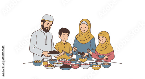 Muslim Family Enjoying Meal Together Celebrating Cultural Tradition Sharing Food Gathering Happiness togetherness joyful moment home dining table