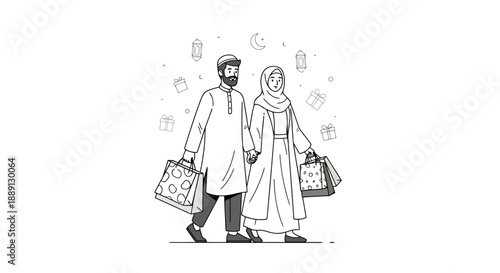 Muslim Couple Shopping Holding Hands Enjoying Festival Preparations and Gifting Celebrations in a Festive Atmosphere