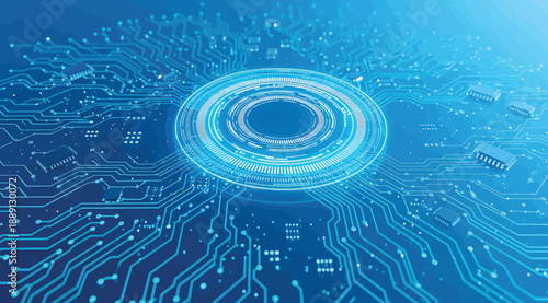 Futuristic CPU core with glowing concentric rings and radiating circuit lines connecting microchips, symbolizing data processing, digital infrastructure, and advanced computing in a high-tech blue env
