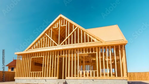 Wallpaper Mural New residential house construction with exposed wooden framing, timber roof structure, clear sky, and active home building progress Torontodigital.ca