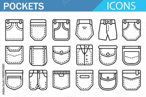 Clothing pocket icons set in black outline style showing jeans, pants, shirt and jacket pockets for fashion design, garment manufacturing, tailoring and apparel concepts