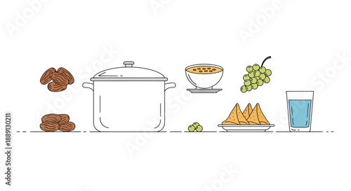Collection of Homemade Food Items and a Large Cooking Pot Displayed with Fresh Fruit and a Beverage