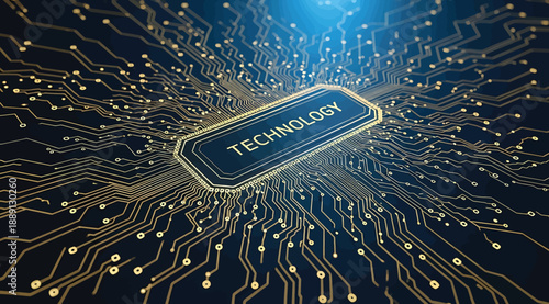 Stylized microchip with golden circuit lines radiating outward and glowing blue light above, labeled “TECHNOLOGY,” symbolizing digital infrastructure, electronic connectivity, and modern computing sys