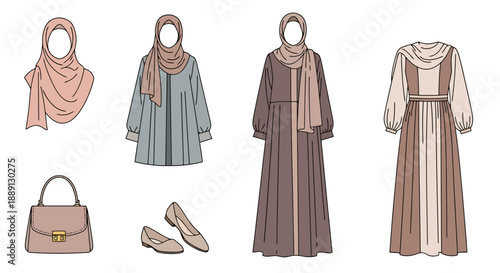 Collection of Modest Fashion Outfits and Accessories Featuring Hijabs Dresses Scarves and Handbag For Womens Modern Style Collection