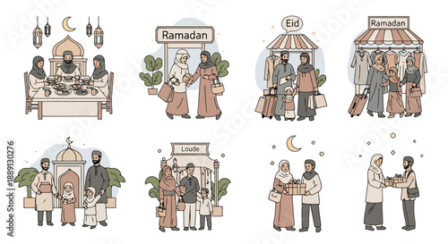 Islamic Family Activities and Celebrations During Holy Month Gathering Shopping and Giving Gifts with Traditional Attire and Cultural Symbols