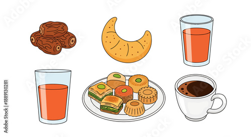 Collection Of Delicious Middle Eastern Sweets With Dates Juice Co ffee And Croissant On White Background