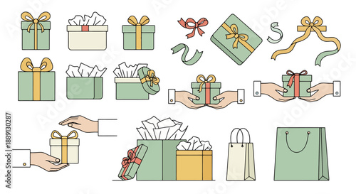 Collection of Decorative Gift Boxes and Shopping Bags in Pastel Tones for Celebrations and Presents 135 Characters