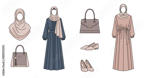 Elegant Muslim Women Fashion Outfits and Accessories Collection Including Dresses Hijabs Scarves Handbags and Footwear for Modest Style Choices