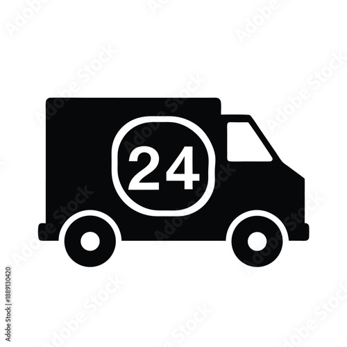 Black delivery truck icon shows service available for twentyfour hours daily