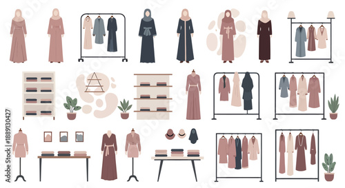 Collection of Modest Apparel and Retail Displays Featuring Islamic Clothing and Accessories for Modern Women Fashion