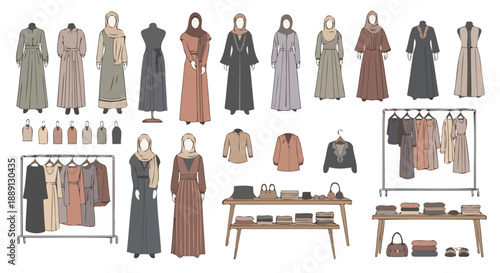 Diverse Collection of Modest Islamic Apparel Displayed for Fashion Shopping and Retail Business Collection Ideas