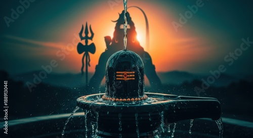 Shiva Lingam with water flow and trident at sunset