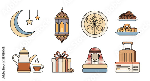 Traditional Islamic Symbols and Objects Representing Celebration and Hospitality Gathered Together for Festive Occasions
