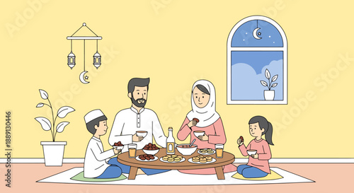 Muslim Family Enjoying Iftar Meal Together Indoors During Ramadan Evening Celebration Peaceful Family Gathering Eating Food Sharing Joyful Moments