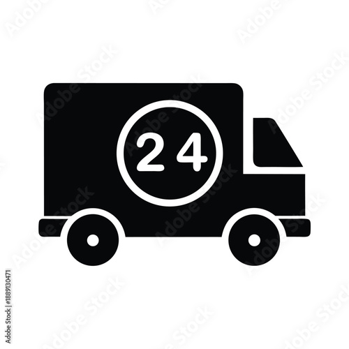 A black delivery truck shows availability with a large twenty four hour icon