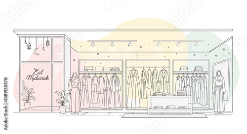 Modern Retail Store Interior Design Showcasing Elegant Islamic Fashion Apparel for Festive Occasions and Shopping Events